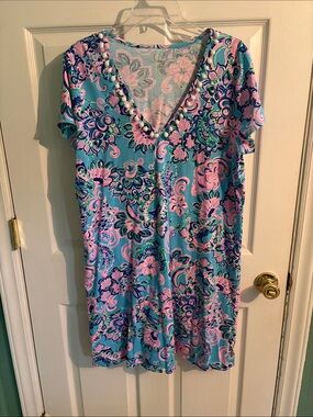 Lilly Pulitzer Aqua Floral V-Neck Short Sleeve Swim Coverup